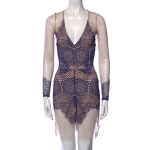 For Love & Lemons - Nude Sheer sheath dress with Lace Overlay